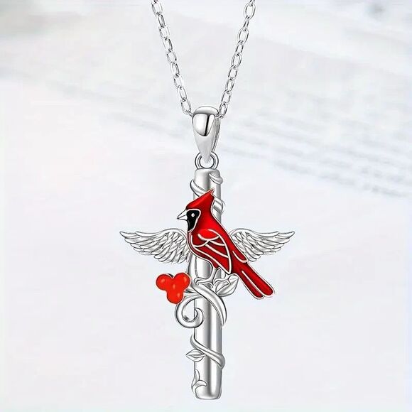 Red Cardinal Bird and Cross Necklace Pendant Jewelry Silver Tone Mom Granny - Picture 1 of 2